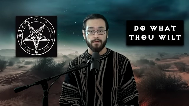 The phrase "DO WHAT THOU WILT" with Thelemic symbols is displayed, representing Crowley's ultimate injunction
