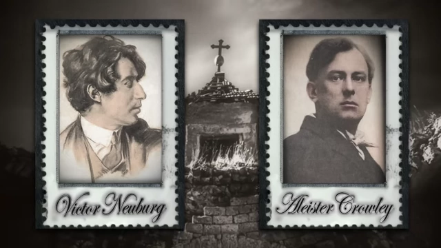 A final composite image of Victor Neuburg and Aleister Crowley, separated by a mysterious structure, symbolizing the enduring questions surrounding their journey