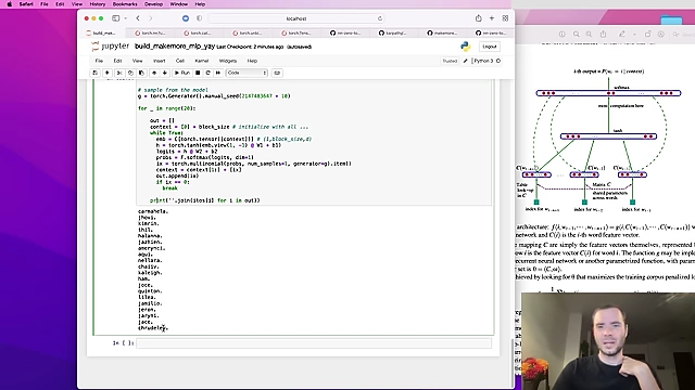 Sample names generated by the trained MLP character-level language model.