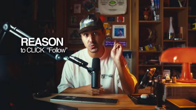 The speaker pointing to on-screen text "REASON to CLICK 'Follow'".