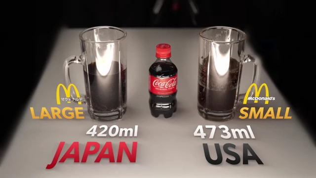 日本麦当劳大杯汽水（左，420毫升）与美国麦当劳小杯汽水（右，473毫升）的尺寸对比。