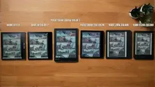 Comparison of six color e-readers displaying comics