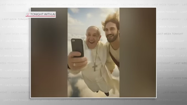 An AI-generated image of Pope Francis taking a selfie with Jesus in heaven