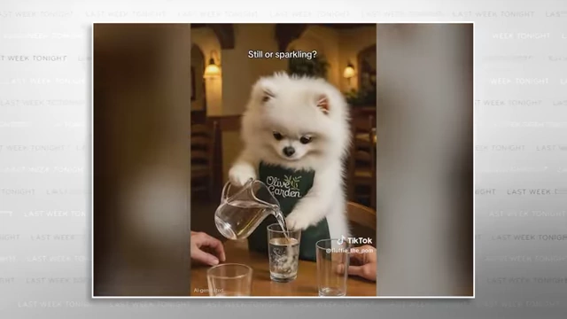 An AI-generated image of a dog serving water at Olive Garden