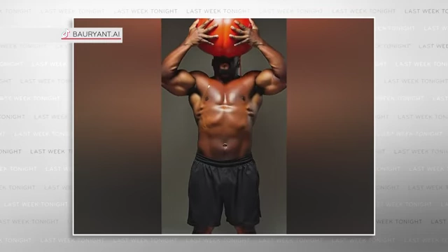 An AI-generated video frame showing a muscular man holding a pumpkin, part of a transformation trend