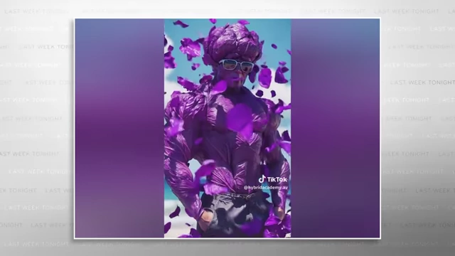 An AI-generated video frame showing a muscular man transforming into a cabbage hulk