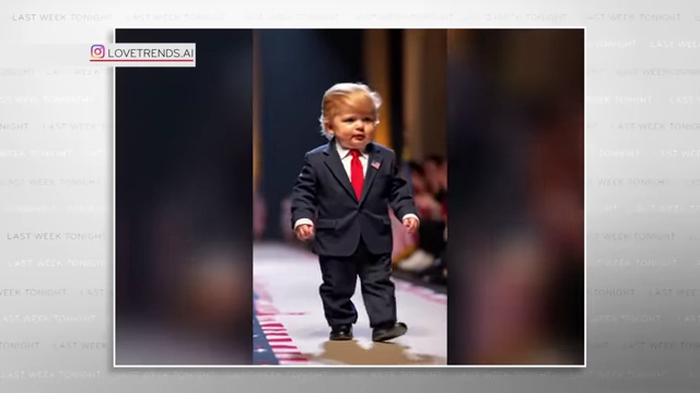 An AI-generated video frame showing a baby Donald Trump on a catwalk