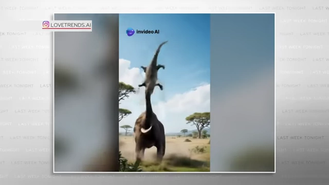 An AI-generated video frame depicting an elephant attacking an alligator