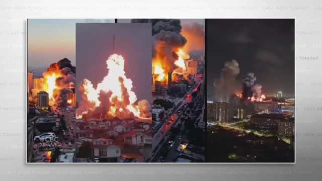 A collage of multiple AI-generated videos depicting large-scale explosions