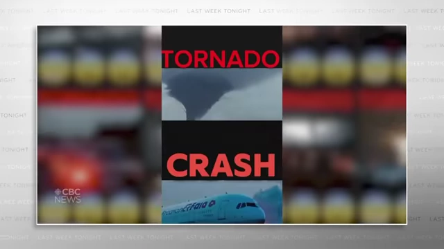 A collage of AI-generated videos showing a tornado and a plane crash