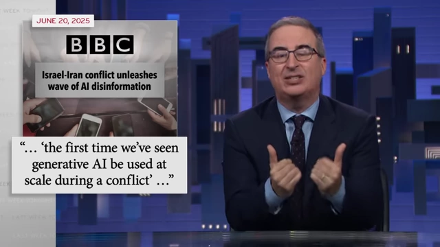 A BBC headline on the Israel-Iran conflict and a quote about the 'wave of AI disinformation' used at scale