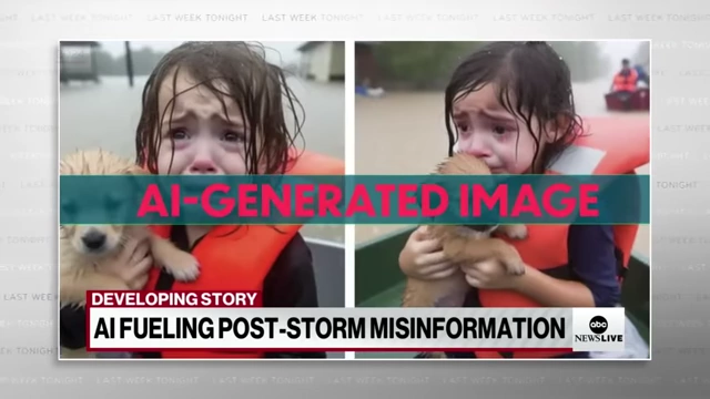 AI-generated images of crying children and a dog in floodwaters, shown on an ABC News report about post-storm misinformation
