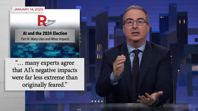 An R Street report on 'AI and the 2024 Election,' with a quote on AI's 'less extreme' negative impacts than feared