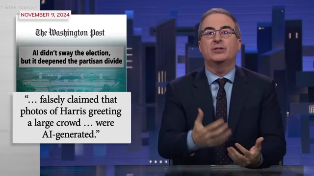 A Washington Post headline on AI's role in deepening partisan divide and a quote about false claims of AI-generated images