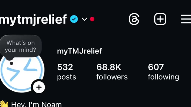 An image of the myTMJ Relief Instagram page, showing 68.8K followers and 532 posts, illustrating the growth of the social media presence.