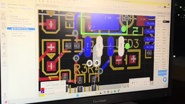 A layout of a PCB design, showing the placement of components and wiring.
