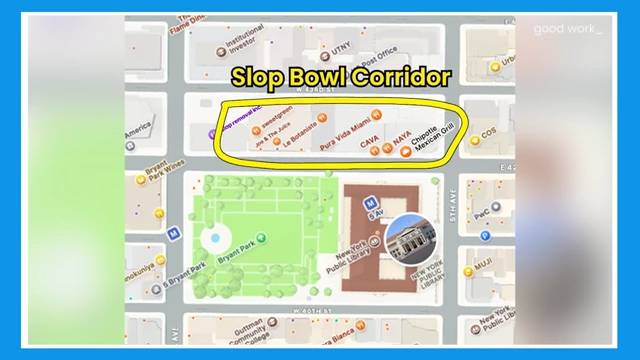 A map highlighting the "Slop Bowl Corridor" on 42nd Street in NYC, showcasing the density of fast-casual bowl restaurants.