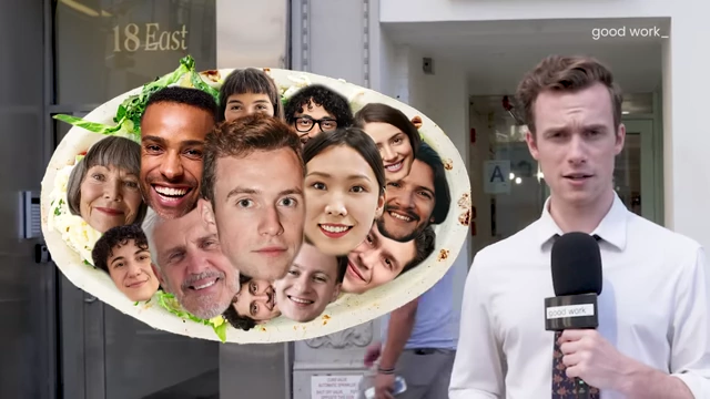 A composite image showing various faces within a slop bowl, representing collective consumption.