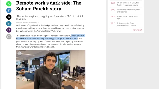 News article about Soham Parekh working multiple remote jobs