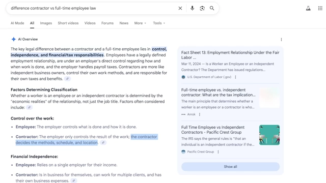 Diagram outlining legal differences between contractors and full-time employees