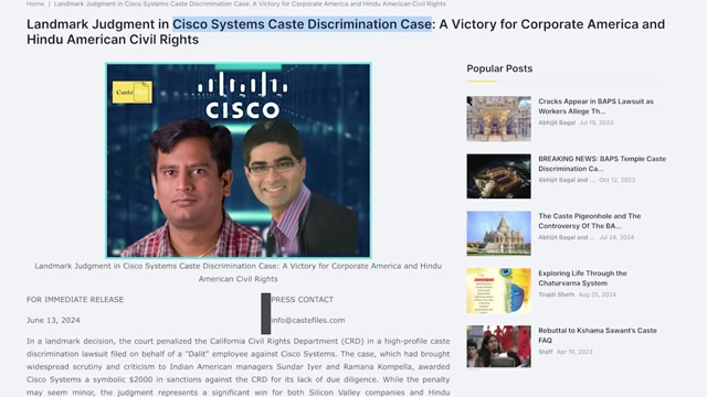 News article about caste discrimination case at Cisco