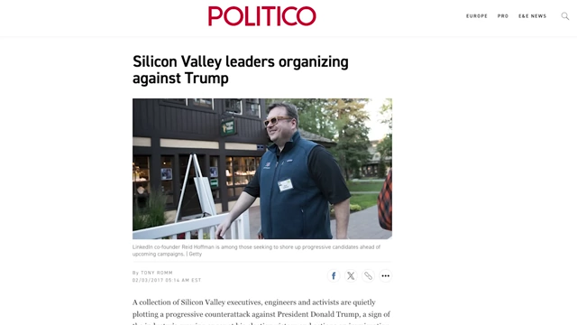 Politico article about Silicon Valley leaders against Trump