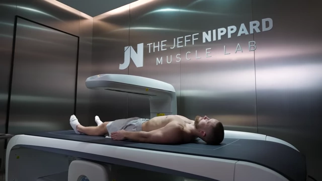 Jeff Nippard undergoing a DEXA scan in the Jeff Nippard Muscle Lab.