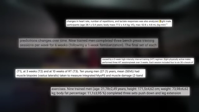 Text snippets from research papers, highlighting common small sample sizes (e.g., eight or nine participants) in training studies.