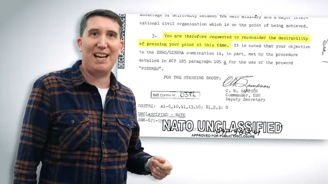 A NATO letter requests reconsideration of changing SIERRA, noting the difficulty of making single word changes.