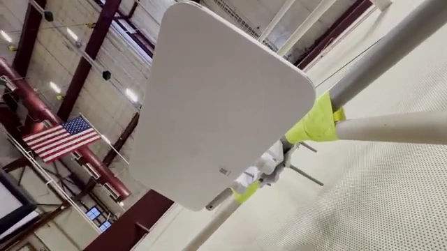 The E7 Audience mounted high on a diagonal cross-brace at the LANFest venue using zip ties and duct tape.
