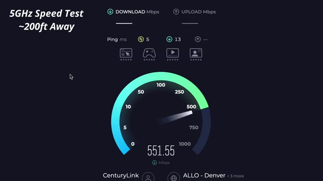 A speed test showing 551.55 Mbps download speed on 5GHz from 200 feet away with no other users.