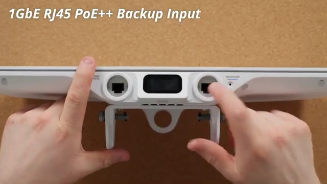 A close-up of the E7 Audience's underside, showing the 10 GbE primary and 1 GbE backup PoE++ RJ45 inputs.
