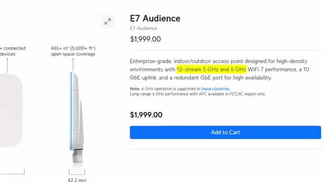 The E7 Audience product description highlighting its 12-stream 5 GHz and 6 GHz WiFi 7 performance.