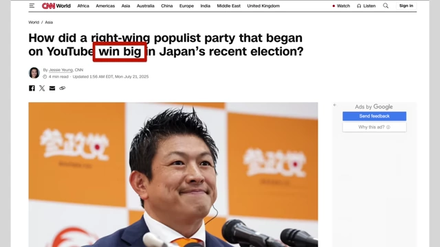 A CNN headline questions how a right-wing party that started on YouTube "won big" in Japan's election.