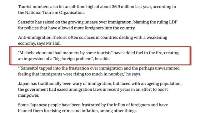 An excerpt from a BBC article noting tourist misbehavior fueling the "big foreigner problem" narrative.