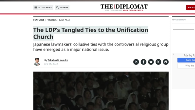 News article detailing "The LDP's Tangled Ties to the Unification Church."