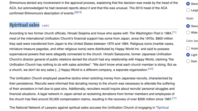 Wikipedia excerpt explaining the Unification Church's "spiritual sales" and financial exploitation.