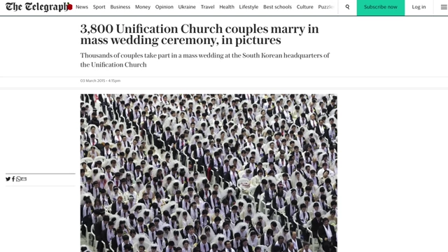 News reports on 3,800 Unification Church couples marrying in a mass wedding ceremony.