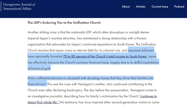 An excerpt from the Georgetown Journal of International Affairs details the Unification Church's exploitation of Japanese followers, who funneled 70-80% of the church's income to South Korea.