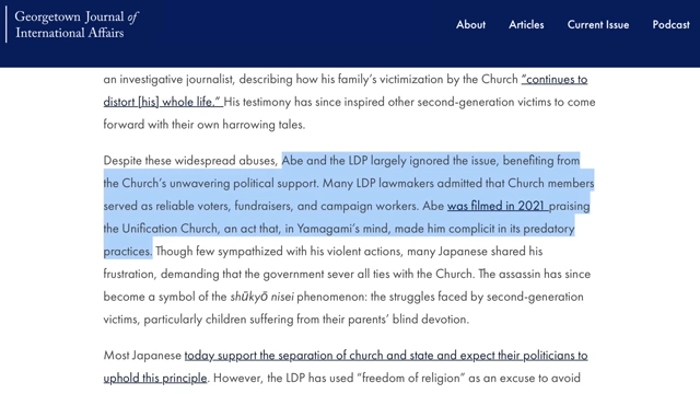 An excerpt from the Georgetown Journal of International Affairs explains how Abe and the LDP benefited from the Unification Church's political support.