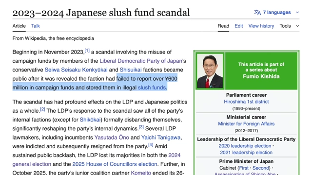 Wikipedia describes the 2023-2024 Japanese slush fund scandal, detailing over ¥600 million in unreported campaign funds by LDP members.