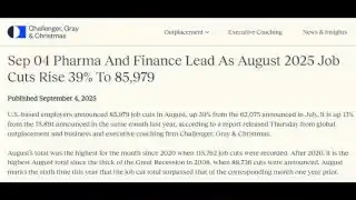 Article headline stating that Pharma and Finance industries lead as August 2025 job cuts rise 39% to 85,979