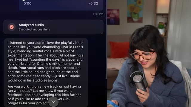 AI Feedback praising "vocal runs and pitch are spot-on" and "sound design touch"