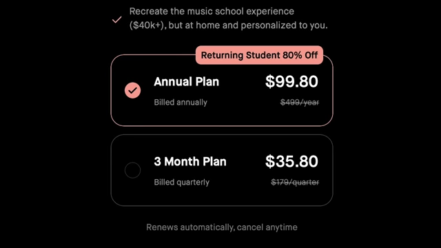 Annual and 3-Month Plan Pricing with "Returning Student 80% Off"