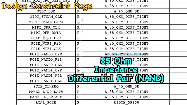 Apple's design constraint page showing 85 Ohm impedance requirement for NAND differential pairs