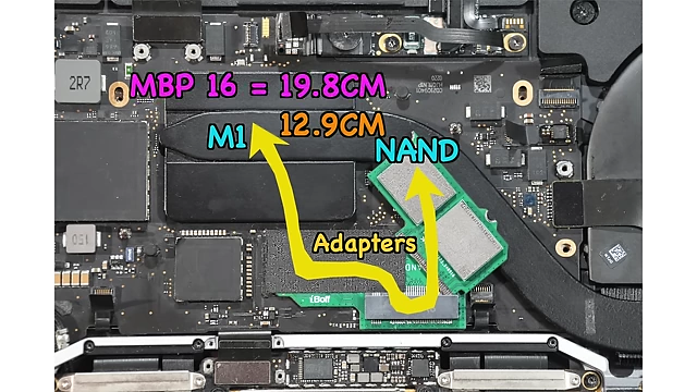 Comparison of trace lengths: 16-inch MacBook Pro (19.8 cm) vs. modified M1 MacBook (12.9 cm)