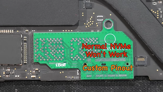Diagram indicating that normal NVMe drives will not work due to custom pinout of the adapter's M.2 port