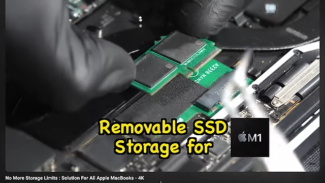 Removable SSD adapter installed on an M1 MacBook logic board
