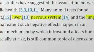 An excerpt from a study indicating negative effects of infrasound on the heart, liver, nervous system, and lungs from animal tests.