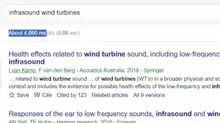 Google search results for "infrasound wind turbines," showing a high volume of research on this specific topic.